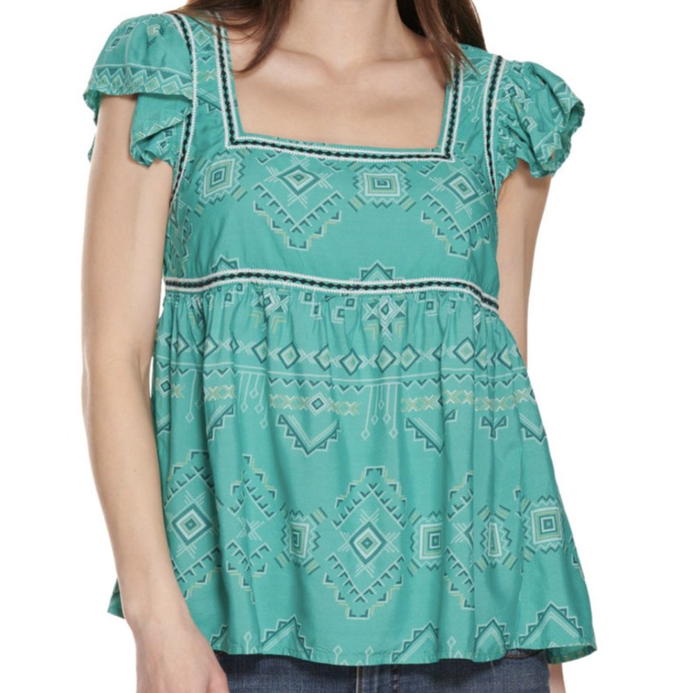 NWT Wrangle Retro Teal Aztec Print Square Neck Top